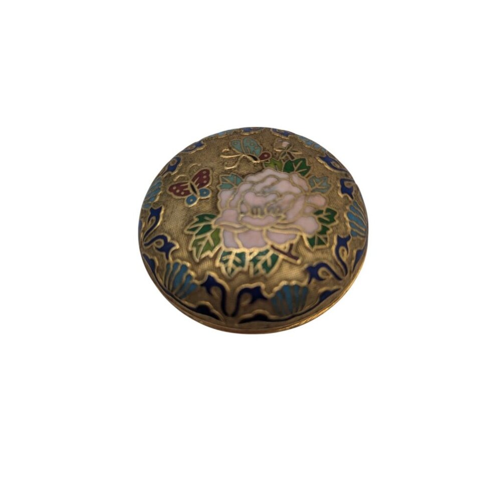 3" Vtg Chinese cloisonne enamel-on-gilt-brass round Trinket Box W Lid Flowers Bu - Picture 6 of 10